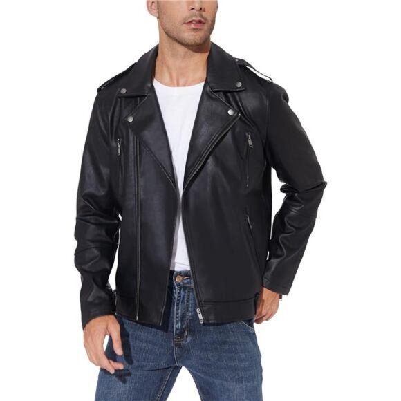 Mens Faux Leather Jacket Black Bomber Motorcycle Slim Fit Zip Up Biker Coat - Picture 1 of 8